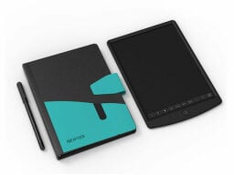 Black and blue notebook, stylus, and tablet 