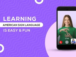 Person on phone speaking sign language next to ad text on purple background