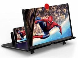 Spiderman image projected from phone onto screen with stand
