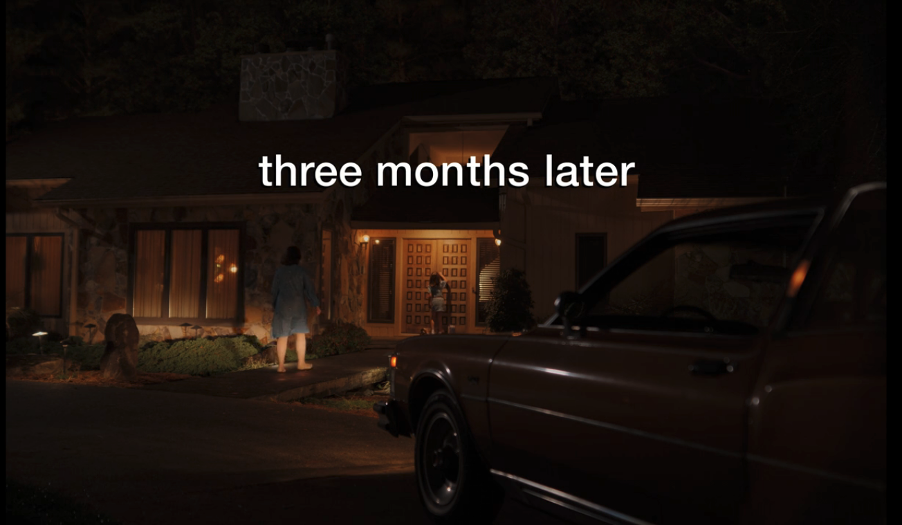 A screenshot from Hulu's "Candy" which reads "three months later."