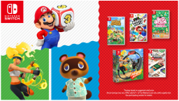mario, tom nook, and a ring fit adventure character next to a collage of nintendo switch games