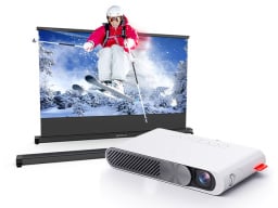 Person skiing out of screen with projector in front