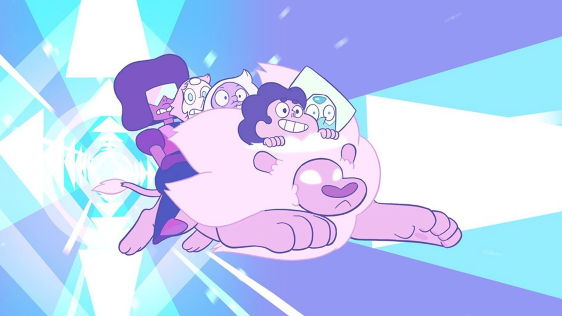 Steven Universe rides a pink lion with the Crystal Gems