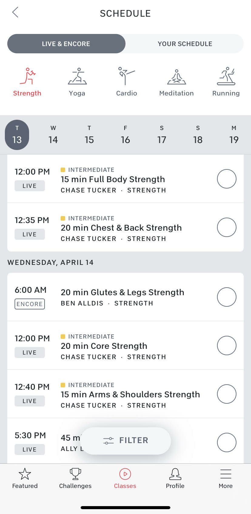 Peloton live class schedule