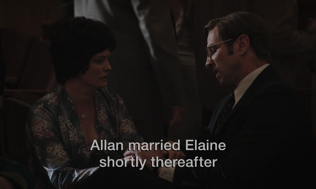 A screenshot from Hulu's "Candy" which reads "Allan married Elaine shortly thereafter."