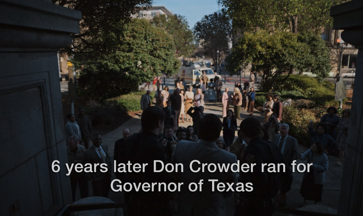 A screenshot from Hulu's "Candy" which reads "6 years later Don Crowder ran for Governor of Texas."