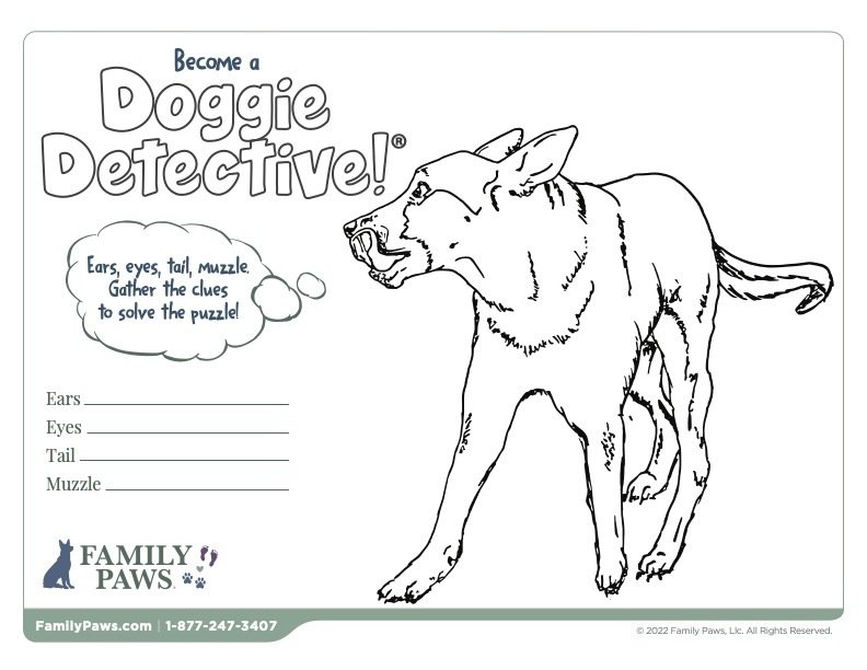 Activity sheet featuring drawing of an uncomfortable dog and area for making notes about its body language