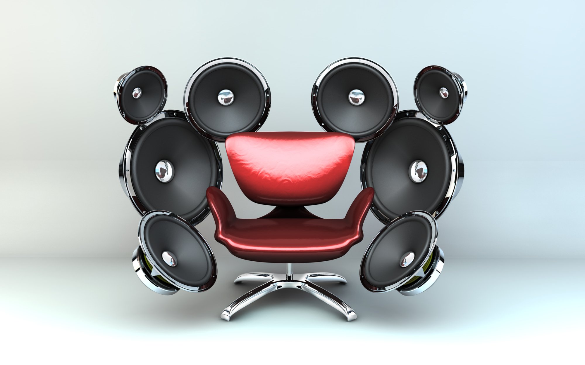 Leather chair surrounded by speakers