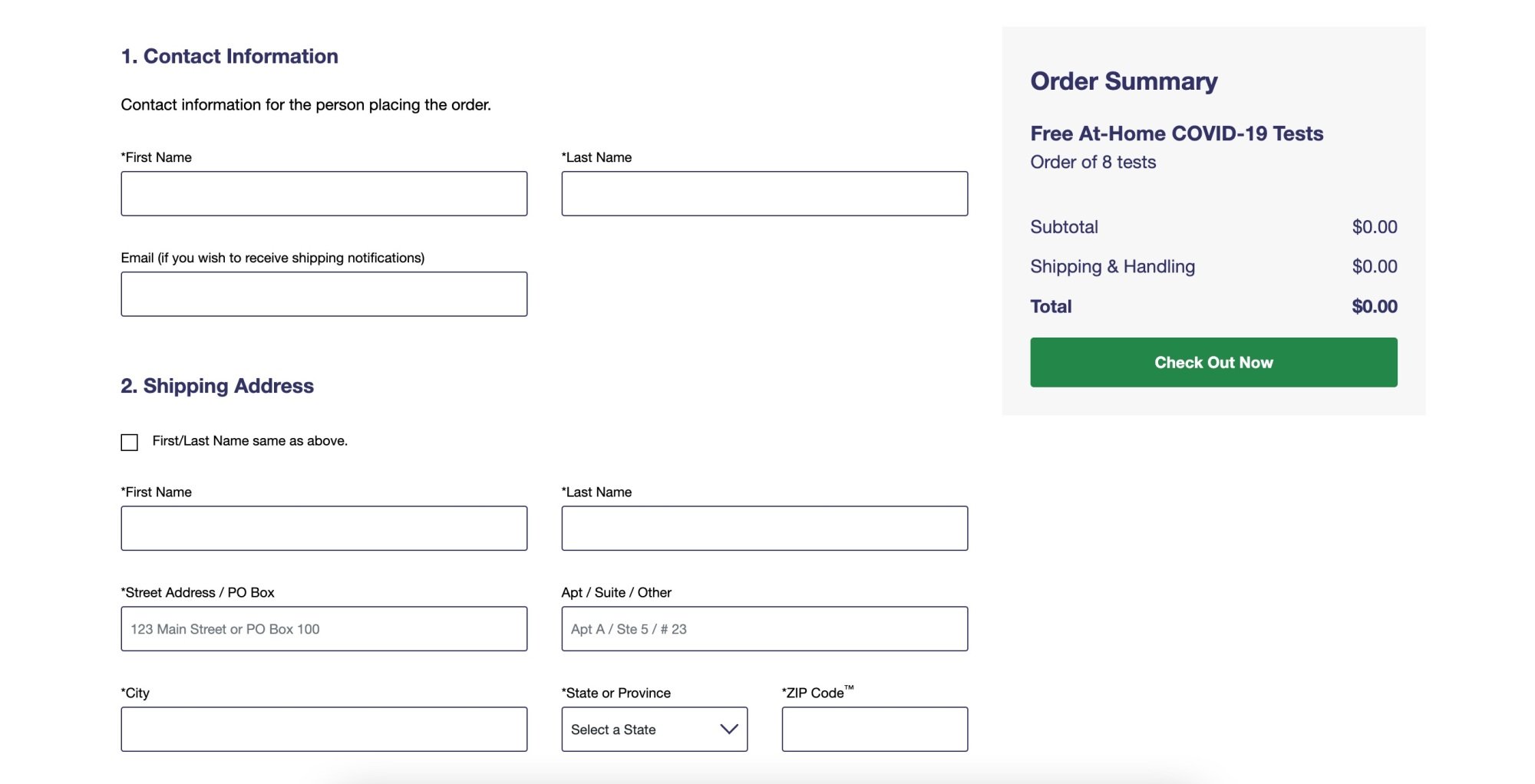 Screenshot of covid test order form on the USPS website