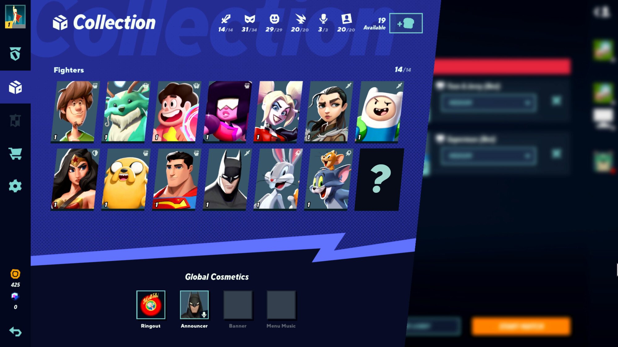 A screenshot of the character selection screen from "MultiVersus."