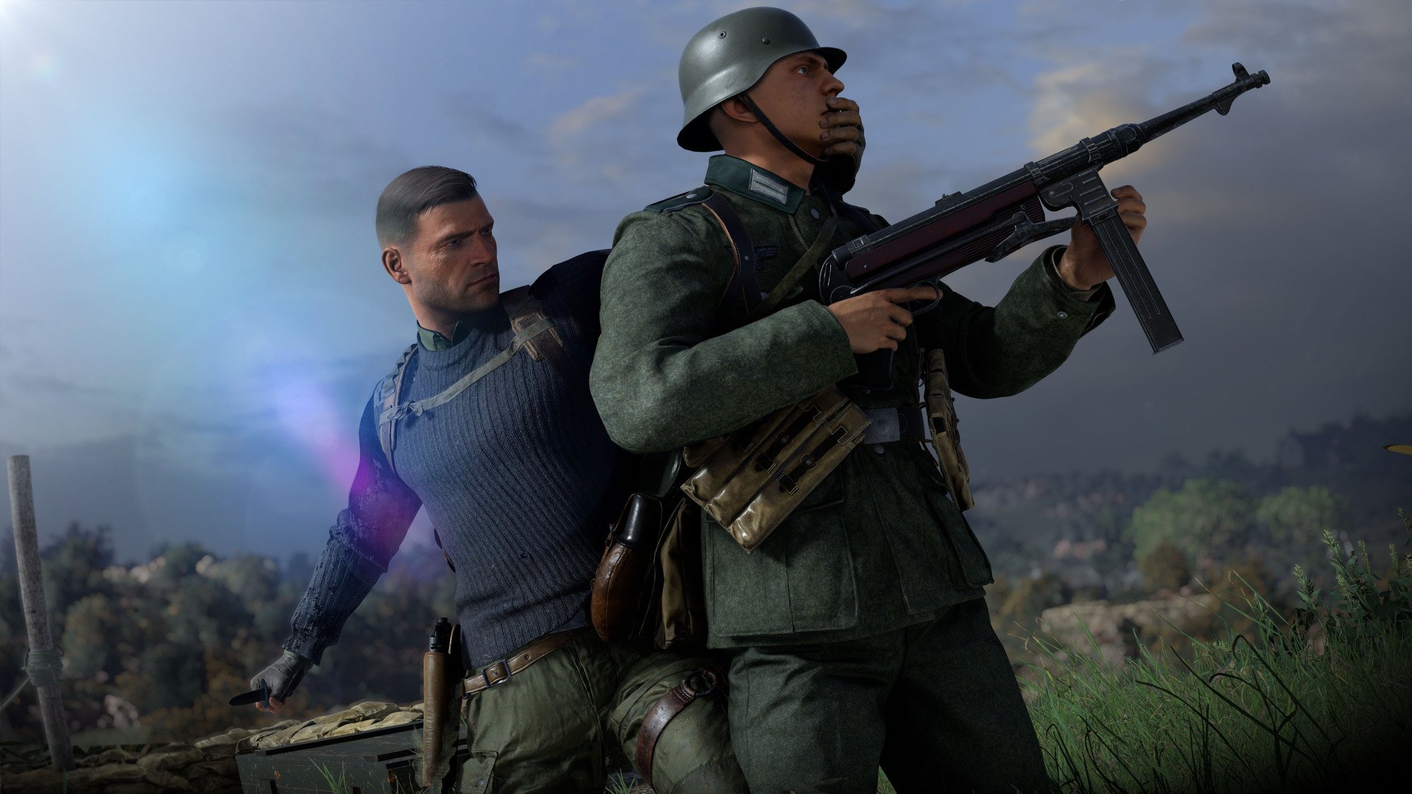A screenshot from "Sniper Elite 5." Karl Fairburne prepares to stab a Nazi in the back.