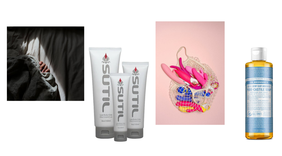 collage of hand gripping bed sheet, lube, bag of sex toys, and castile soap