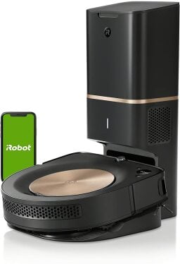 Roomba s9+ robot vacuum on white backgrounf