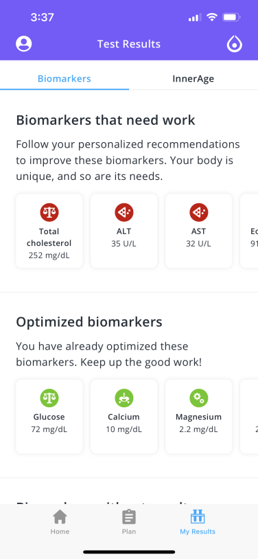 screengrab from InsideTracker app showing biomarkers