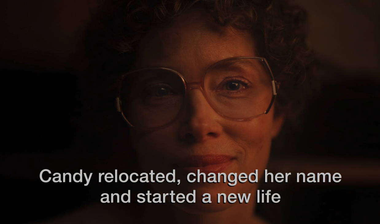 A screenshot from Hulu's "Candy" which reads "Candy relocated, changed her name, and started a new life."