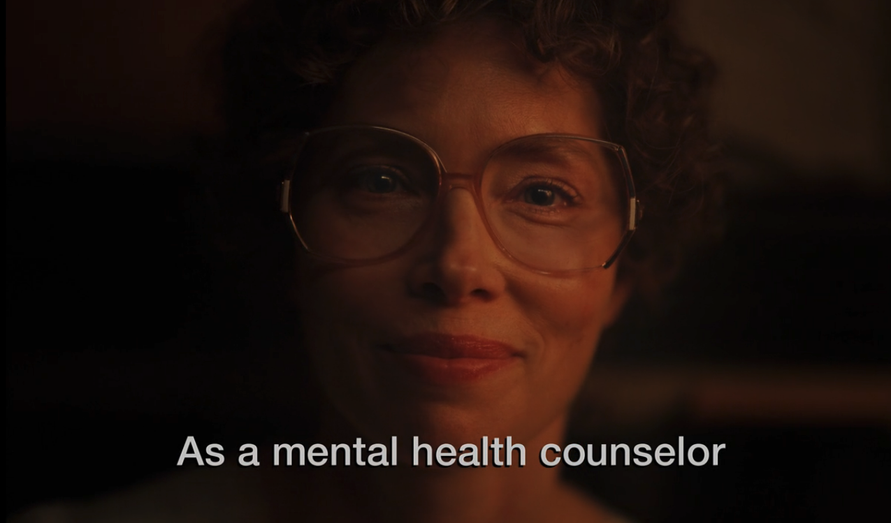 A screenshot from Hulu's "Candy" which reads "As a mental health counselor."