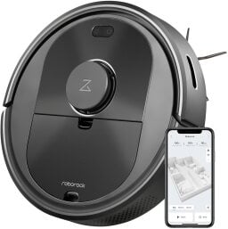 Roborock Q5 robot vacuum with smartphone featuring home layout on screen