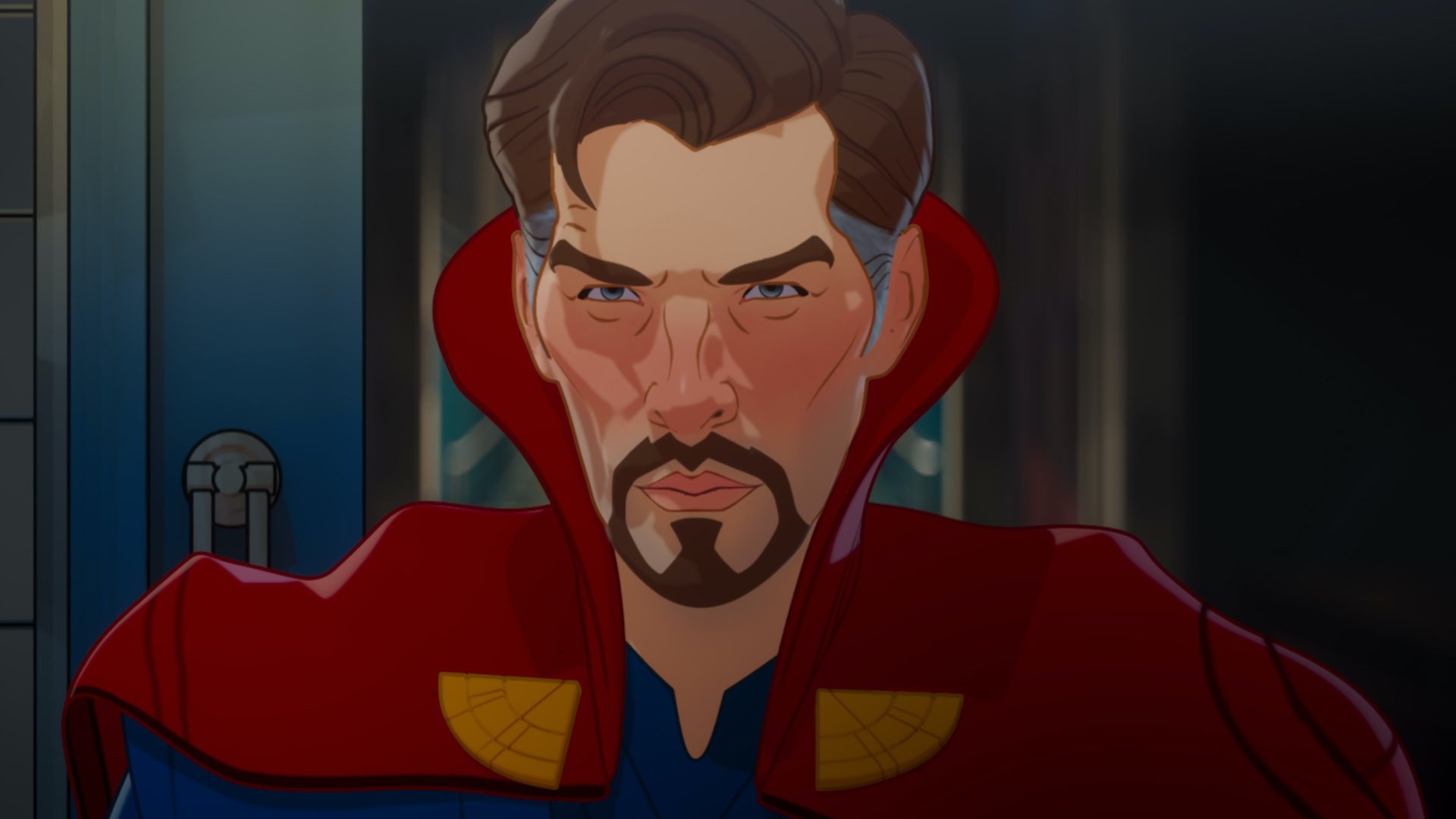 Animated still of Benedict Cumber batch as Stephen Strange, with a mustache and goatee and distinct red cape; still from "What If...?"