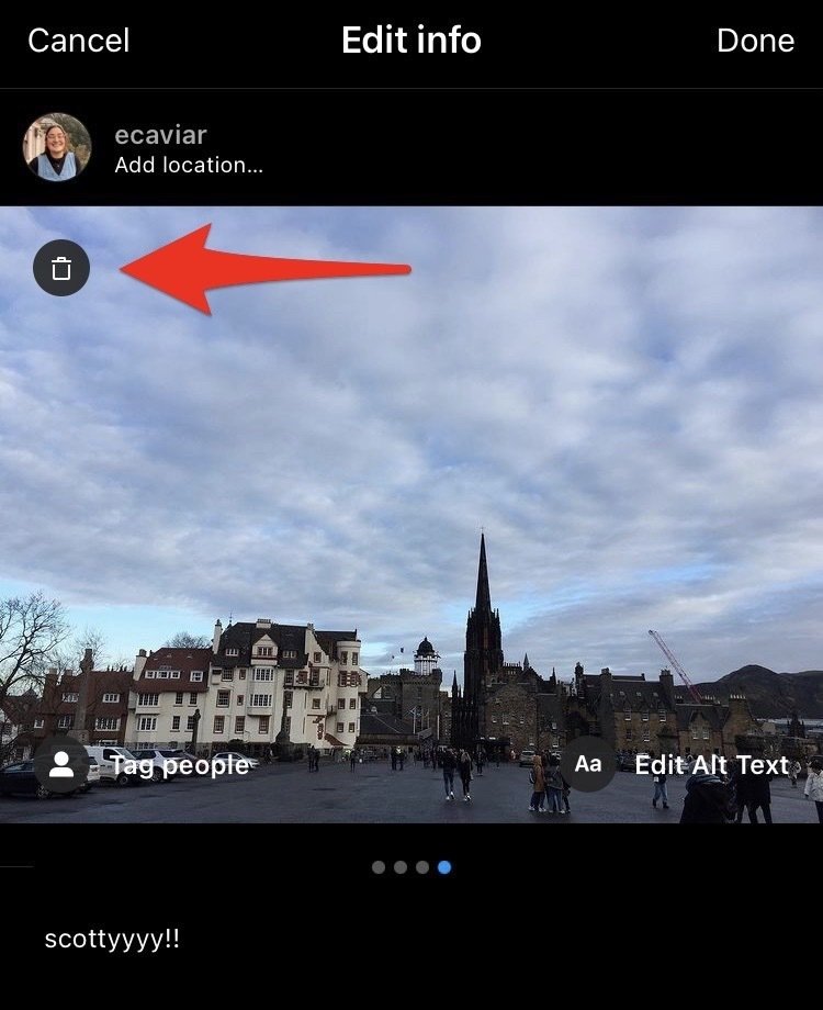 Screenshot of an Instagram post with a red arrow pointing to the trash can icon in the upper right hand corner.