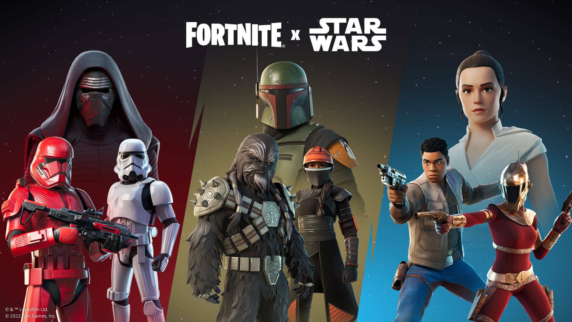 "Fortnite" art featuring three Star Wars collaborations tied to "The Book of Boba Fett" and the Star Wars Sequel Trilogy.