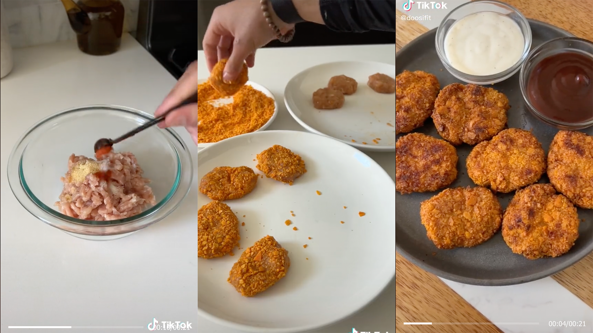 air fryer chicken nuggets being seasoned, breaded, and fully cooked