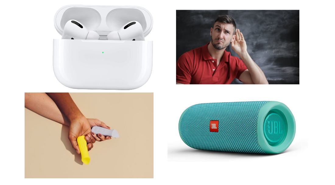 collage of airpods, two dame kip vibrators, a person listening, and a teal jbl speaker
