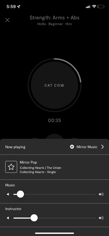 Screenshot of Mirror app in-class controls