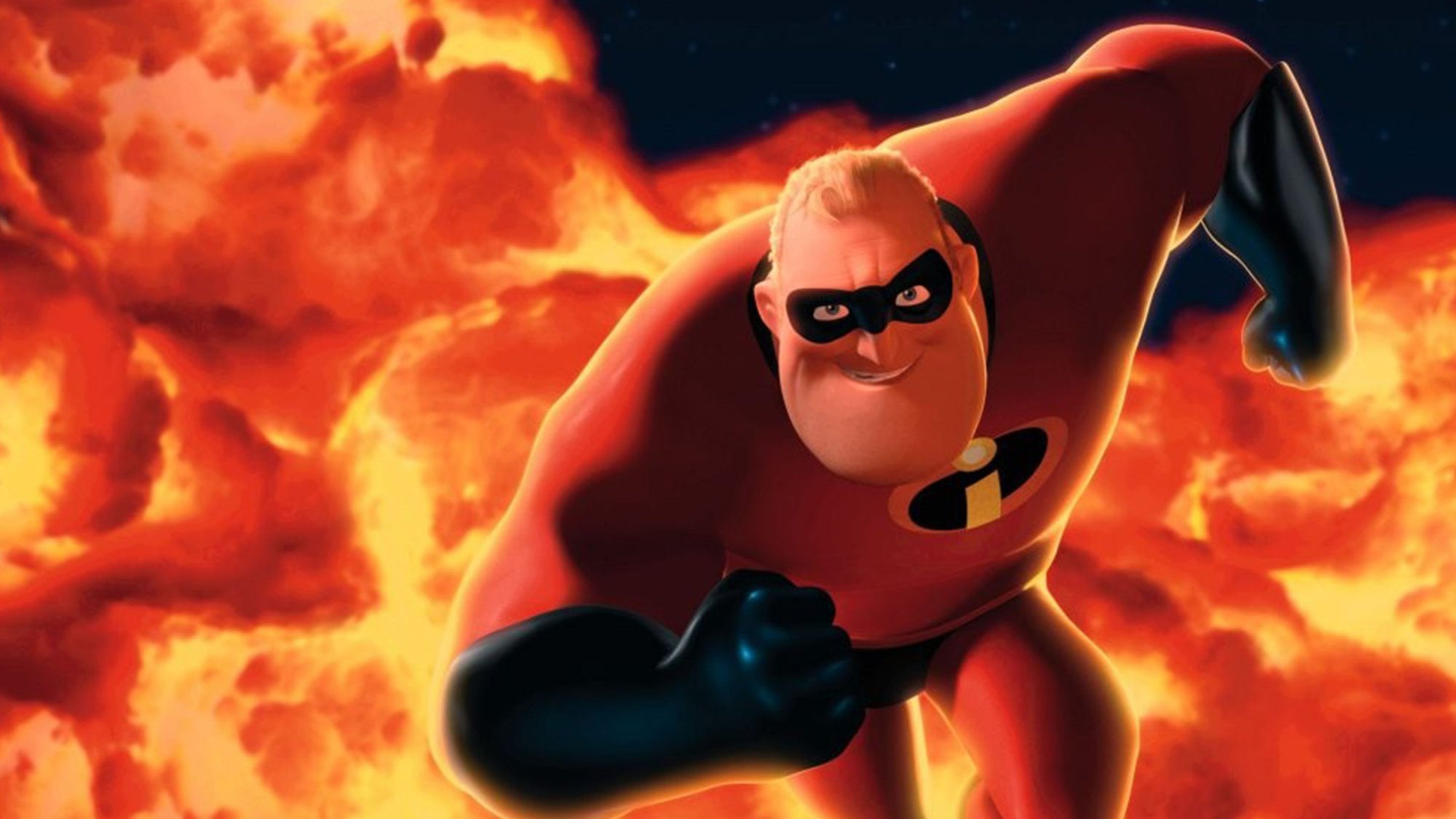 Mr. Incredible jumping out of a fire.