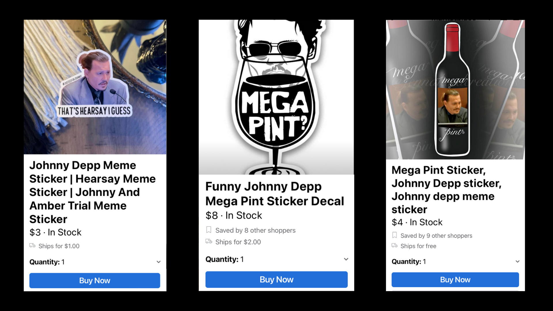 A set of three screenshots of Facebook Marketplace listing for Johnny Depp memes: one of Depp captioned "That's hearsay I guess," one of a large glass of wine with the words "mega pint" and one of a wine bottle labeled "mega pint."