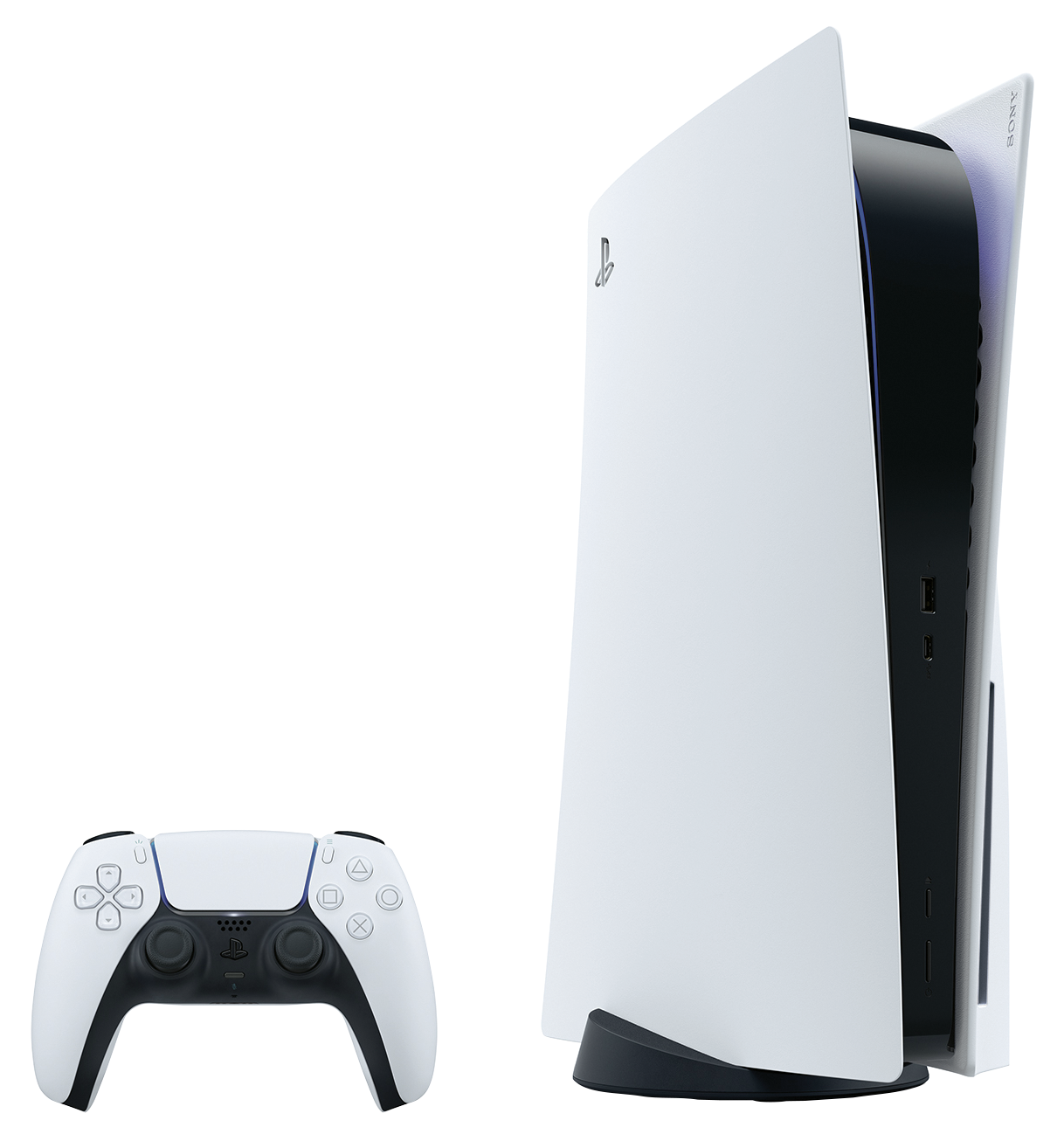 Sony PlayStation 5 tower and controller in white