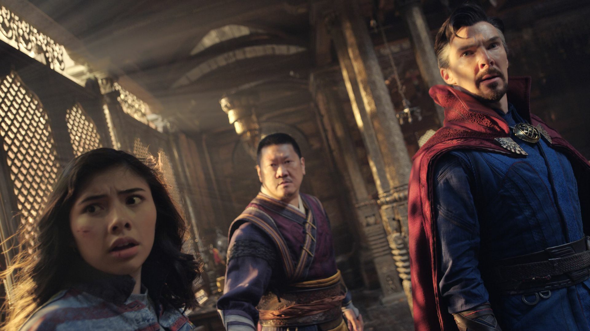 Xochitl Gomez as America Chavez, Benedict Wong as Wong, and Benedict Cumberbatch as Dr. Stephen Strange in Marvel Studios' DOCTOR STRANGE IN THE MULTIVERSE OF MADNESS. 