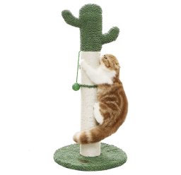 a cat climbing on a cactus-shaped scratching post