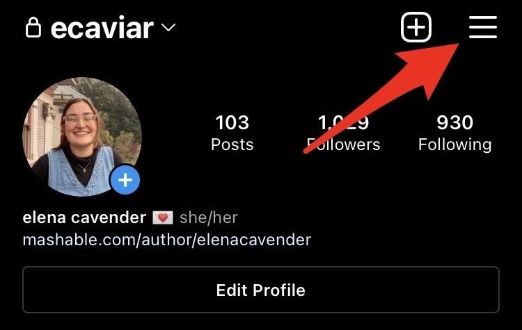 Screenshot of Instagram profile with a red arrow pointing to the three lines in the upper right hand corner.