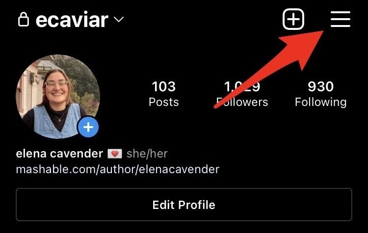Screenshot of Instagram profile with a red arrow pointing to the three lines in the upper right hand corner. 