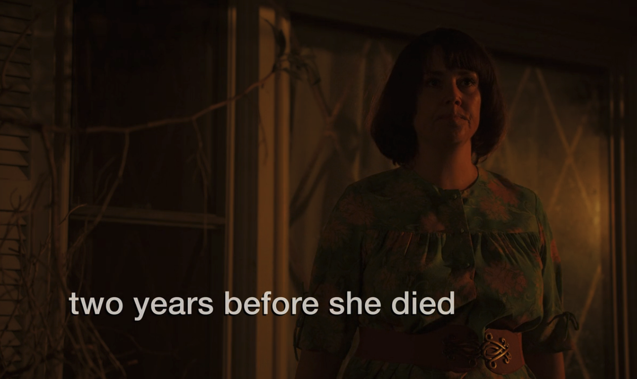 A screenshot from Hulu's "Candy" which shows a woman and the text "two years before she died."
