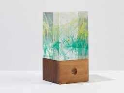 Clear rectangular prism with green patterns inside on top of wooden block