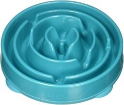a blue slow feeder dog bowl