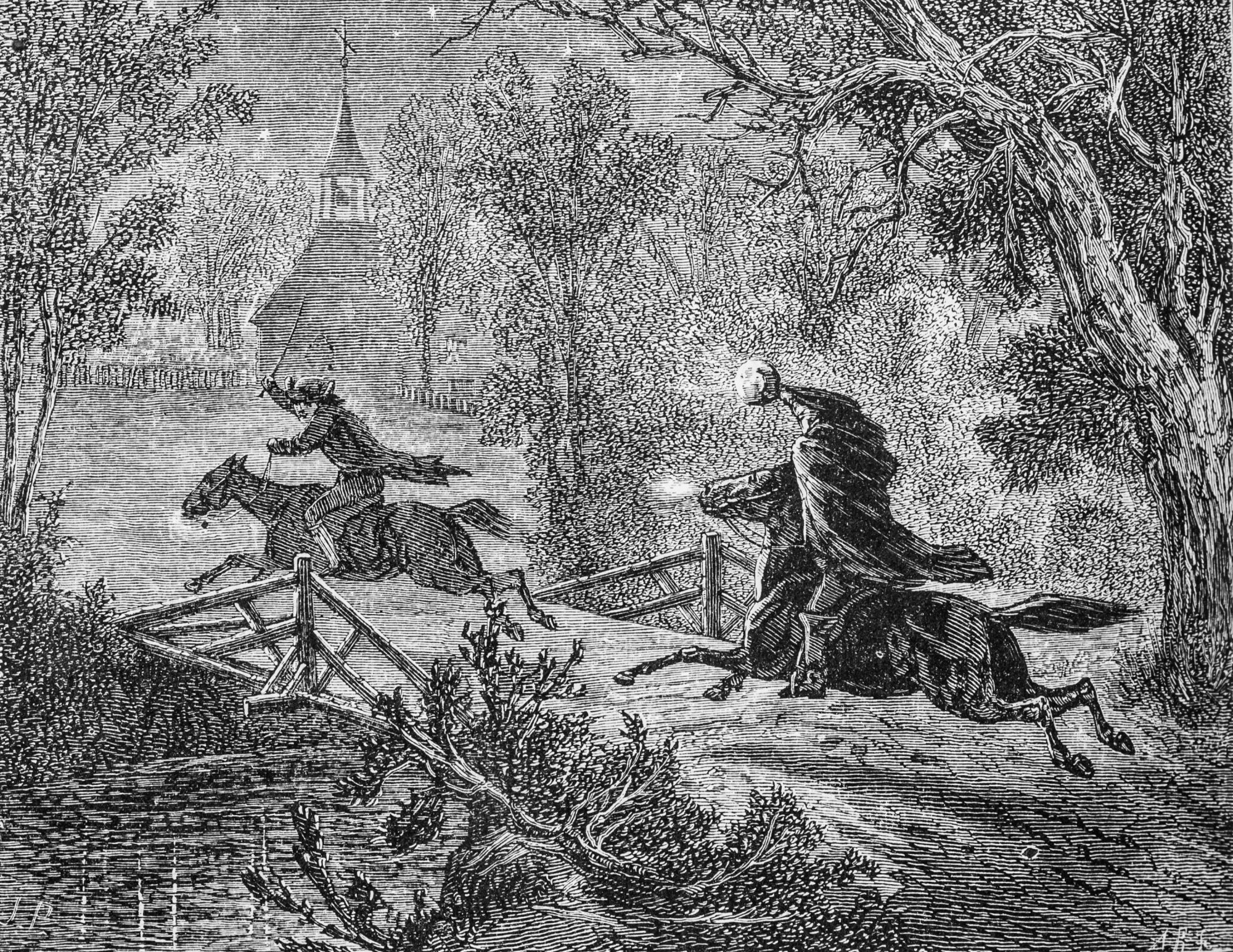 The Headless Horseman chases Ichabod Crane across a narrow bridge as illustrated in an April 1876 issue of Harper's New Monthly Magazine. The Headless Horseman is a fictional character from the short story "The Legend of Sleepy Hollow" published in 1819 by Washington Irving.