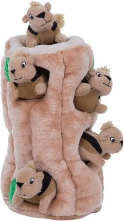 a log-shaped dog toy filled with plus squirrels
