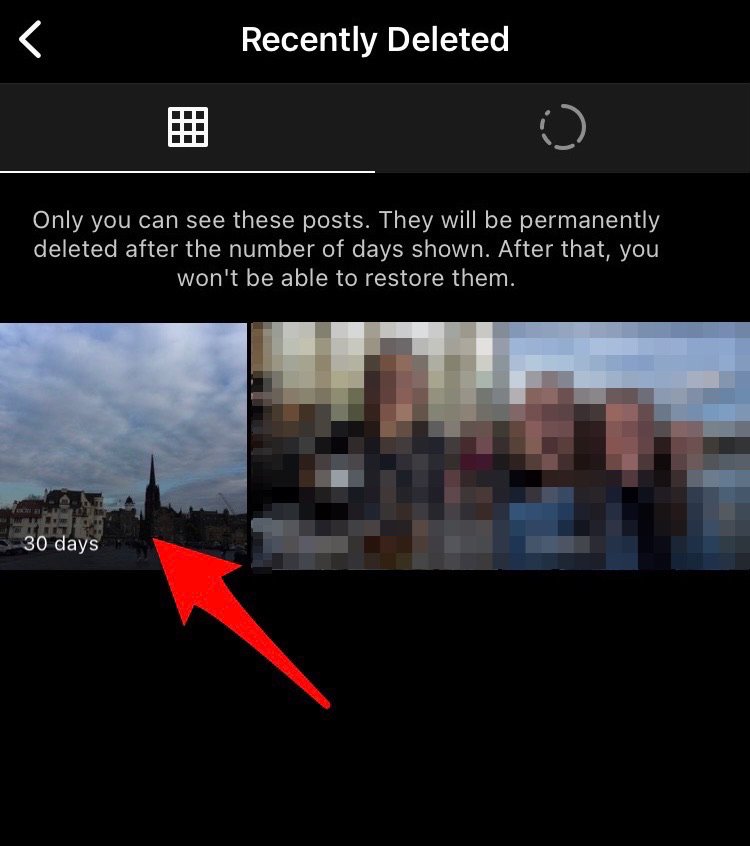 Screenshot of "Recently Deleted" on Instagram with a red arrow pointing to the first image there. 