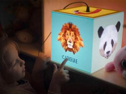 Child pointing at lit-up cube with pictures of animals on each face