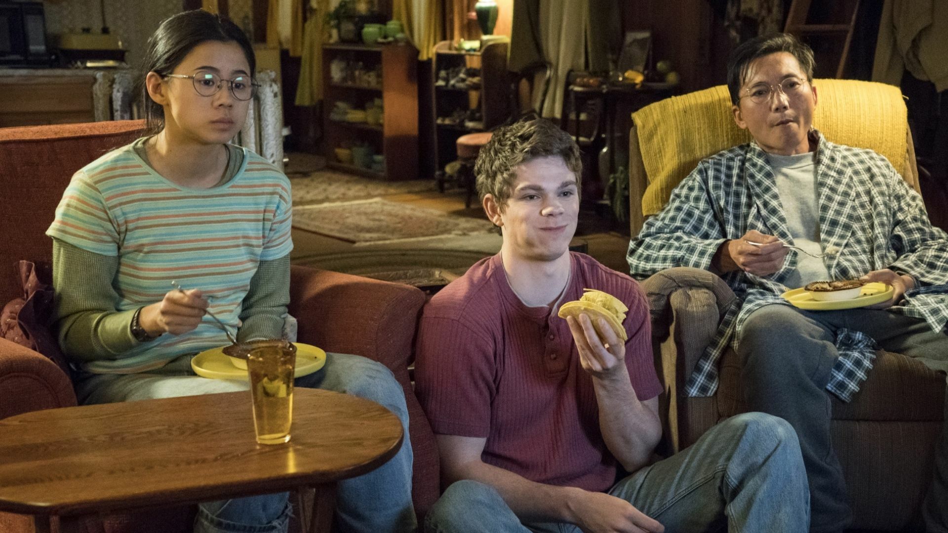 The infamous taco sausage (center), pictured here with Ellie, Paul (Daniel Diemer), and Edwin (Collin Chou).