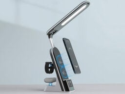 Lamp with phone stand attracting phone with blue illustrations