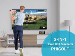Person swinging golf club facing TV with simulation of green showing