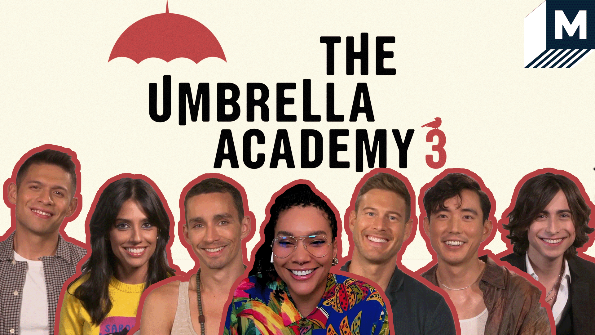 The cast of The Umbrella Academy smiles in front of the poster of The Umbrella Academy 3
