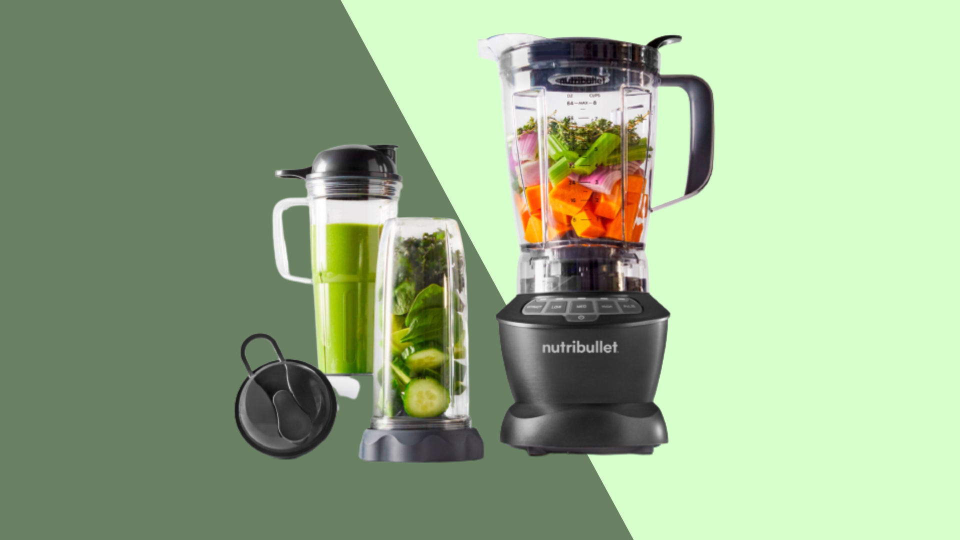 Full-size and personal blender combo on a green background