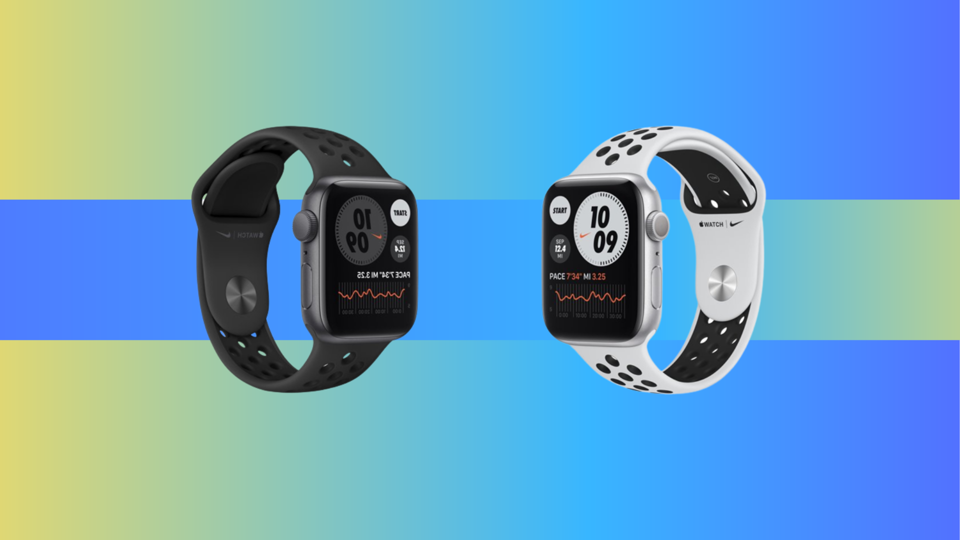 two apple watch nikes on a blue and yellow background