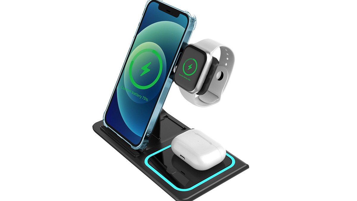 Black charging platform with phone, apple watch, and airpods case
