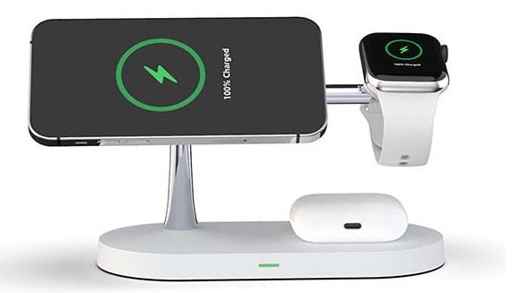 Charging station with phone, apple watch, and airpods on stand