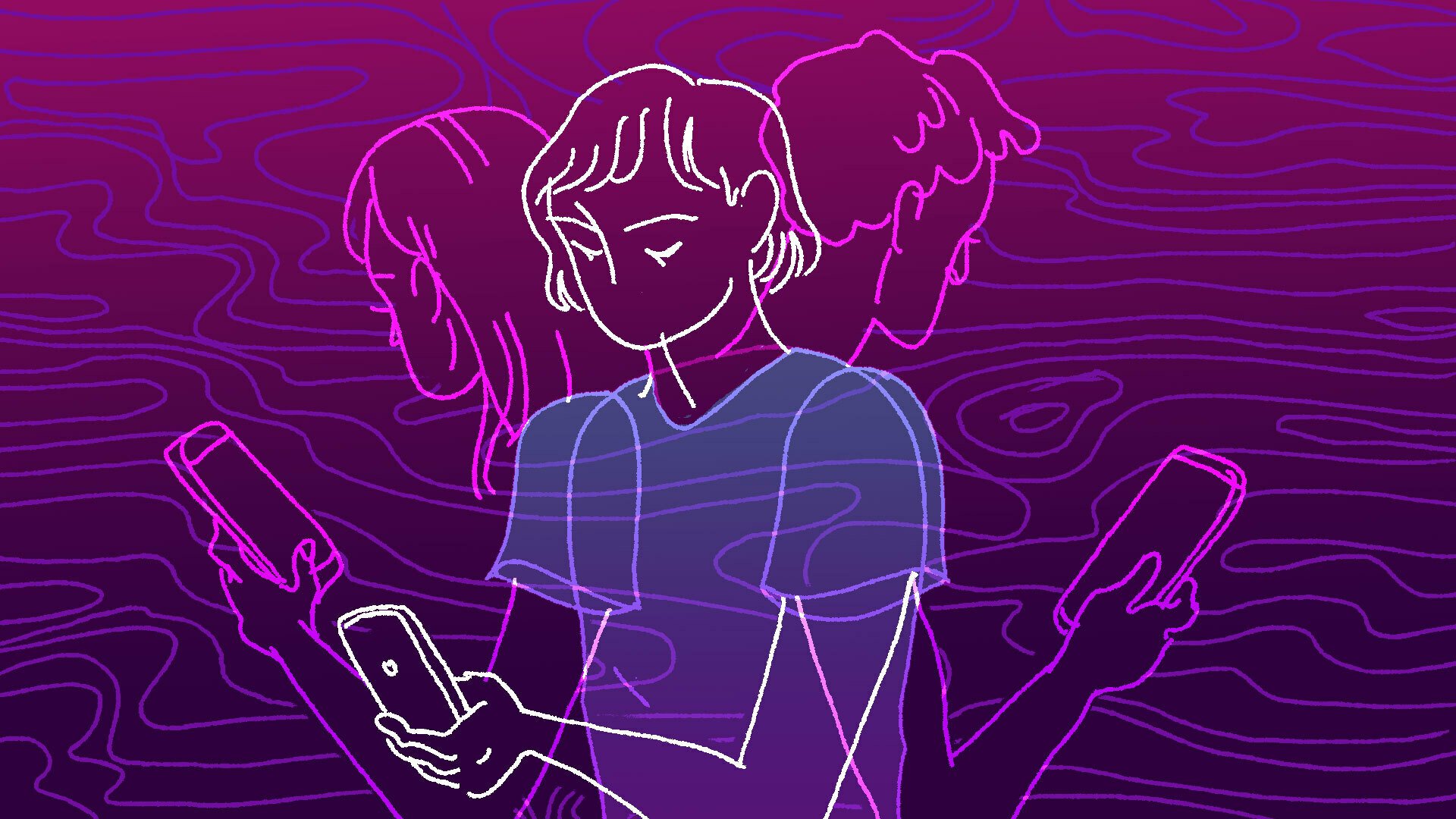 A drawing of 3 individuals looking at their phones.